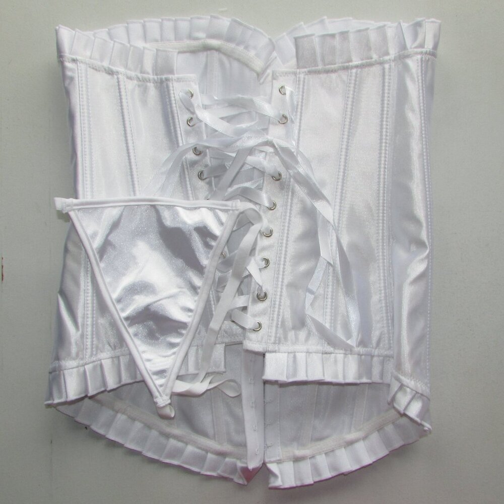 White Satin Ruffled Corset Set - Med - Picture 8 of 14